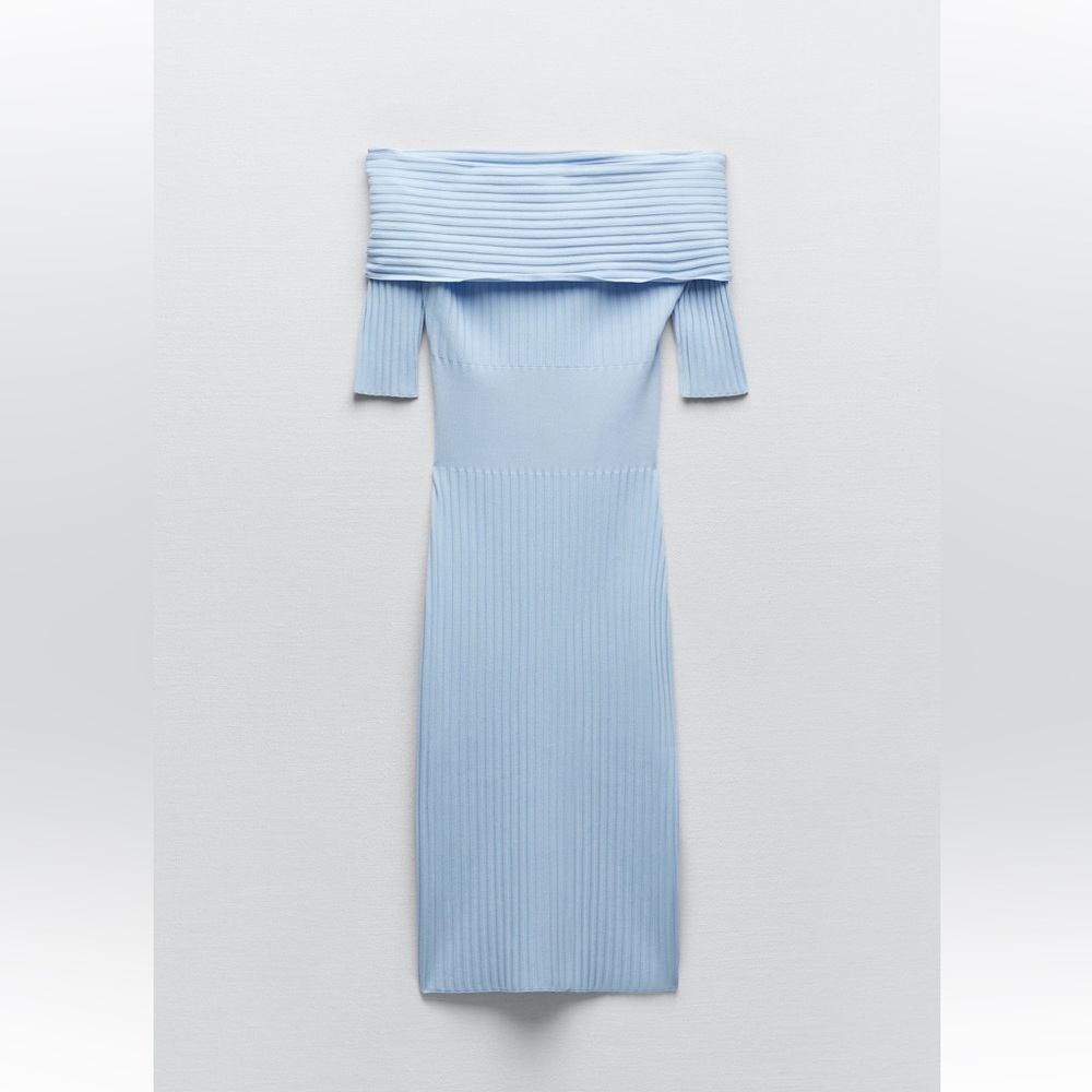 Zara OFF-THE-SHOULDER KNIT DRESS. Light Blue. Size S. New with Tags. - Picture 9 of 10